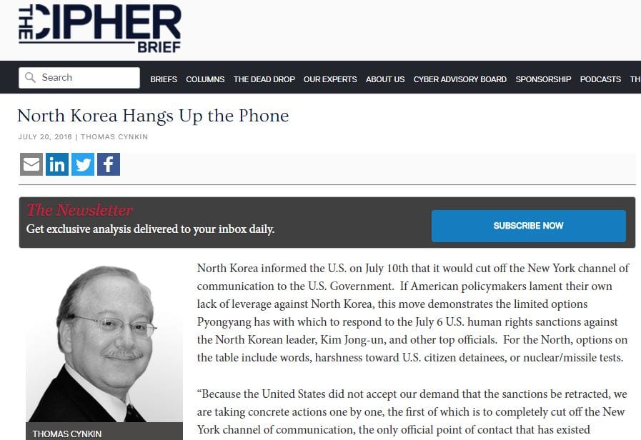 Dr. Thomas Cynkin: North Korea Hangs Up the Phone (Cipher Brief)