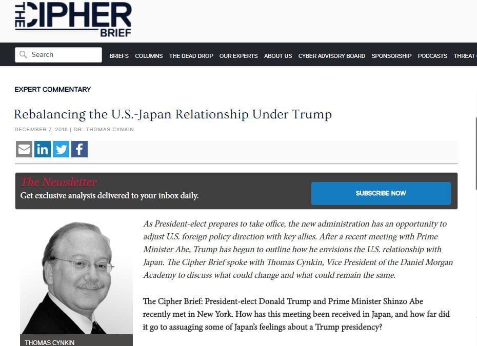 Dr. Thomas Cynkin: Rebalancing the US-Japan Relationship Under Trump (Cipher Brief)