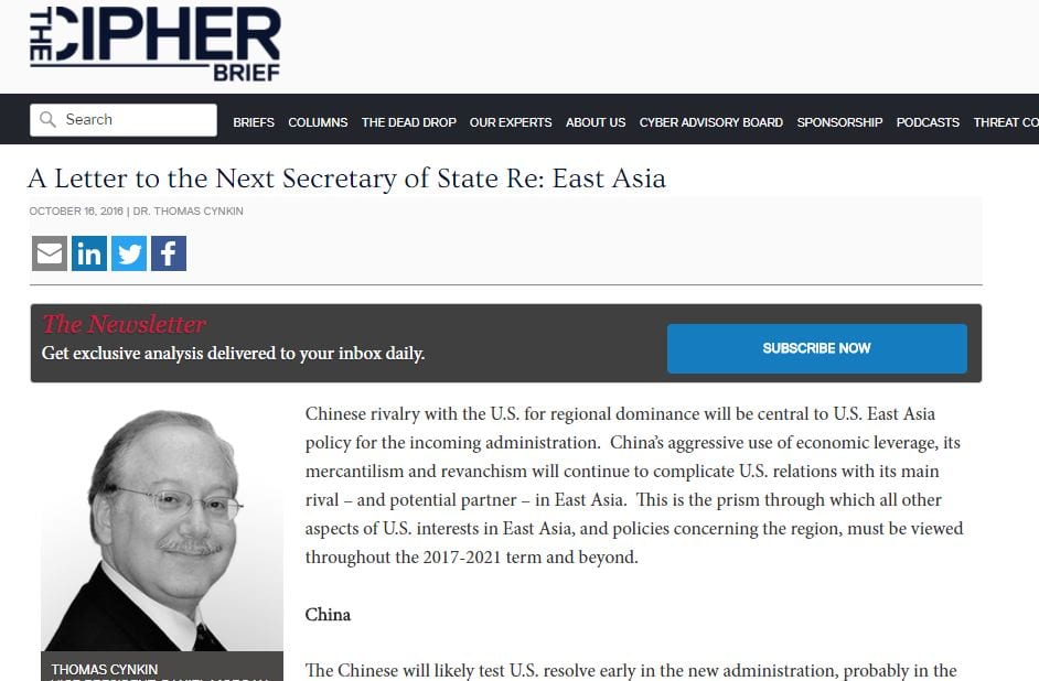 Dr. Thomas Cynkin: A Letter to the Next Secretary of State Re: East Asia (Cipher Brief)
