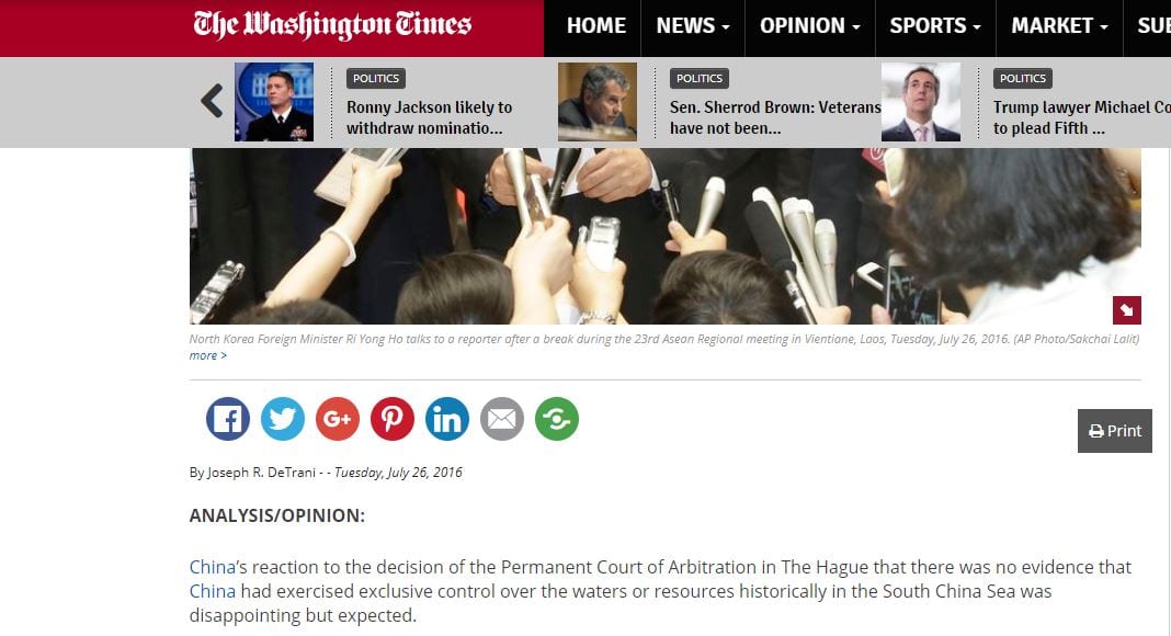 Joseph DeTrani: Disappointment with China (Washington Times)