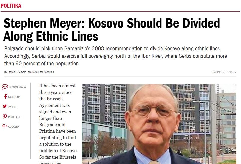 Stephen Meyer: Kosovo Should Be Divided Along Ethnic Lines (Nedeljnik article)
